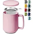 Cosumy Tea Cup with Infuser and Lid - 500ml Large - Ceramic Mug - Long Warmth - Scratch Resistant - Dishwasher Safe (Pink)