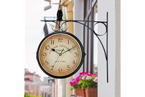 Uennm Horloge Double Face Jardin Train Gare Murale, Tenture Murale en Fer Aspect Antique de Station rétro à Deux Faces Facile Lire Montage Mural pour la décoration intérieure 33*31CM