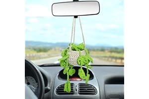 Kunyeah Crochet Hanging Plant for Car Cute Potted Plants Crochet Decor Car Mirror Hanging Accessories Rear View Ornament Hanging Boho Handmade Knitted Pendant (Light Green)