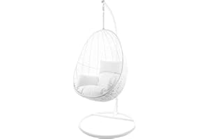 Kideo® Komplettset: Hängesessel mit Gestell & Kissen, Indoor & Outdoor, Poly-Rattan, Lounge (Gestell- und Korbfarbe: weiß, Kissen: weiß Nest (1000 Snow))