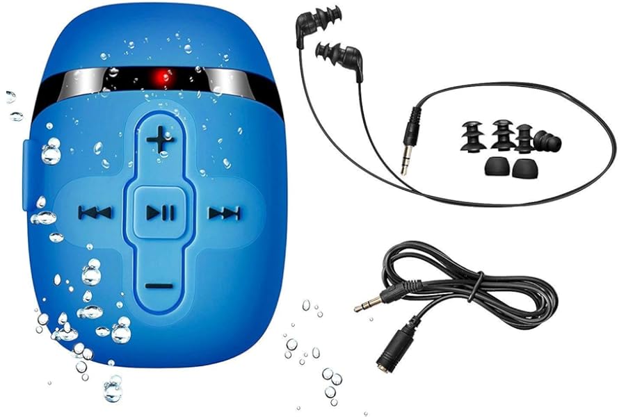 SEWOBYE IPX8 Waterproof Underwater MP3 Player, HIFI MP3 Underwater Swimming for Swimming and Running, Underwater Headphones with Short Cable (3 Types of Earbuds), Shuffle Function (Blue)