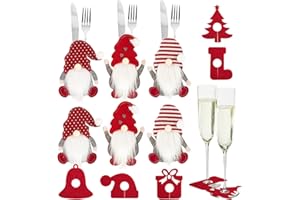 BOFUNX 6pcs Bolsas Cubiertos de Navidad Porta Cubiertos Navideños Bolsitas+6pcs Marcador Copas Navidad Etiquetas Vasos Vino de Fieltro para Decoración Mesa Navidad Cena Adornos Hogar