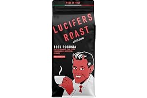 ‎KIQO COFFEE & TEA LUCIFERS ROAST 1kg Kaffeebohnen aus Italien - sehr starker Espresso dark roast - säurearm - für Kaffeevollautomaten oder Siebträger - 100% Robusta (ganze Bohnen, 1kg)