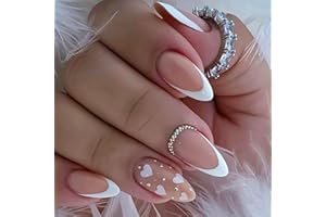 GlamRays - 24 unghie finte in acrilico a forma di mandorla, cuore bianco per French Tip
