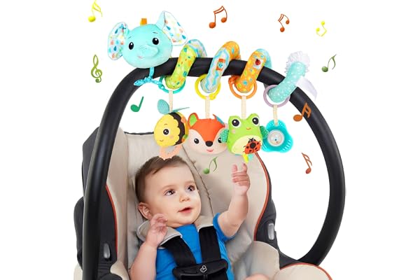 Funsland Barnvagnsleksak, babyaktivitet spiralleksak med musik, hängande spiralplyschleksak för barnsäng/bilstol/babystol, nyfödd present för baby 0 3 6 12 månader