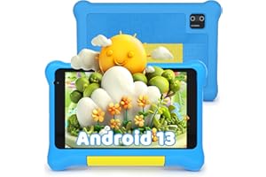 SUEKISS Freeski 7 Inch Android 13 Kids Tablet, 5GB+32GB(128GB Expandable), 1024x600 HD Screen,2500mAh, 0.3MP+2MP Dual Camera, Parental Controls, Tablet for Kids with Shockproof Case(Blue)