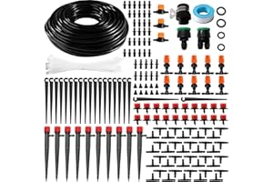 VooGenzek 202 Pezzi 4/6 mm Kit Irrigazione a Goccia, 25m Tubo Irrigazione, Kit fai da te Sistemi di Irrigazione, con Giunti a Barbe Dritte, Connettori a T, Tappi Terminali, per Aiuola