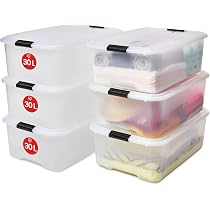 Iris Ohyama Lot De 6 Boîtes De Rangement 30L Avec Couvercle – Transparent, Empilable, Robuste, Poignées & Clips