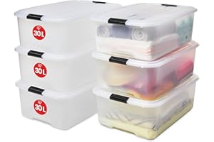 Iris Ohyama Plastic Storage Boxes with Lids, 30L, Set of 6, Clear, Latching Buckles with Handles, Stackable, Nesting, Strong & Durable, For Closet, Garage, Home, Office, Organising Tote Bins, TB-30