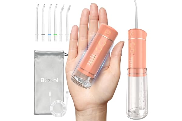 Bezvoi Mini Jet Dentaire Hydropulseur Portable- Irrigateur Oral Rechargeable avec 6 Embouts, 5 Modes, Réservoir Amovible 180ml, Étanche IPX7 - Pour Soins Buccaux, Voyage et Soins Orthodontiques (Rose)