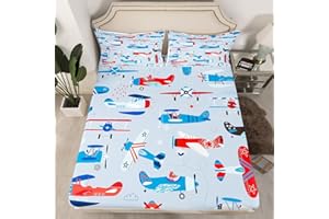 LOUSSIESD Cartoon Airplane Kids Boys Girls Bed Sheet Set Cartoon Planes Helicopter Bedding Sheets Navy Blue Red Bedding Fitted Sheet Flying Plane Kawaii Bed Cover with 2 Pillowcases 3Pcs Bedding King