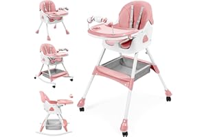 UBRAVOO Baby High Chair, 6-in-1 Foldable Baby Chair with Footrest, Removable Double Tray & PU Cushion, Adjustable Height & Recline, Locking Wheels for Babies and Toddlers