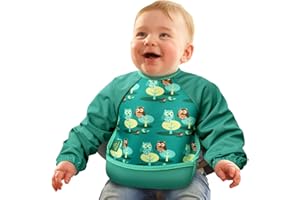 Bibetta Ultrabib - Weaning bib with sleeves - Premium Neoprene for Comfort - Waterproof - Baby bibs with Crumb Catcher Pocket for Feeding Toddler & Babies - Roll Up and Machine Washable (Forest Owl)