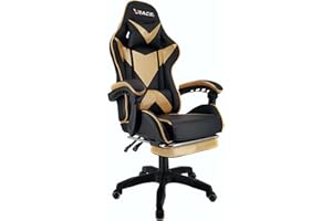 xRace Gaming-Stuhl Hoher Drehstuhl aus Leder mit Lendenwirbelstütze, Kopfstütze und Fußstütze, verstellbar, neigbar, Rennstil (Gold)