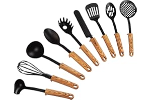 ‎STONELINE STONELINE Back to Nature 9-teiliges Nylon Küchenhelfer Set mit praktischer Stütze, Hitzebeständige Küchenutensilien für Antihaft Pfanne Topf, Küchenzubehör integrierte Küchenhelferablage, Holzoptik