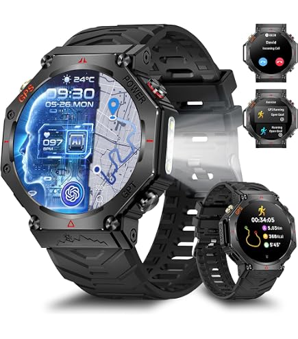 Militär Smartwatch Herren W50pro – 1.45" Display, 100 Tage Akku, IP68, Kompass, Taschenlampe, Bluetooth-Anrufe