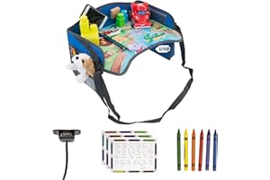 ZANCLEM Vassoio da viaggio per bambini Portatile per Disegnare e Intrattenere i bambini in Aereo, Passeggino o Seggiolino | Tavolino auto per bambini con porta USB x Tablet, Smartphone (Blu)