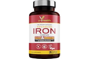 Iron Supplement, 20mg Maximum Strength Anti Fatigue Complex - 180 Vegan Capsules not Iron Tablets for Men & Women with Vitamin B12, Folic Acid, Vitamin C, B6, Zinc, Copper - Made in The UK by YrHealth
