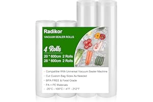 Radikor Sacchetti Sottovuoto Alimenti, 4 Rotoli 20/28 x 600cm Rotolo Sottovuoto Alimenti, Buste Sottovuoto Alimenti per Macchina Sottovuoto e Cottura, Sous Vide, Senza BPA
