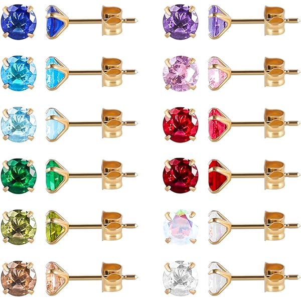 JeweBella 12 paar zilveren stud oorbellen voor vrouwen en meisjes hypoallergene chirurgisch stalen oorbellen met geboortesteen kleine meerkleurige kubieke zirkonia stud oorbellen set kraakbeen sleeper