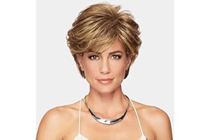 Creamily Perruque Courte Marron Coupe Pixie, Perruque Courte avec Frange, Mèche Blonde Mélangées, Perruque Synthétique Duveteuse en Couche pour Femme, Perruque de Costume d'Halloween