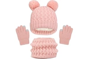 Bekecidi Kids Winter Warm Beanie Hat Scarf Gloves Set, Thermal Knitted Pom Pom Bobble Hat Neck Warmer Touch Screen Gloves Thick Fluffy Toddler Cap for Girls Boys Age 1-6