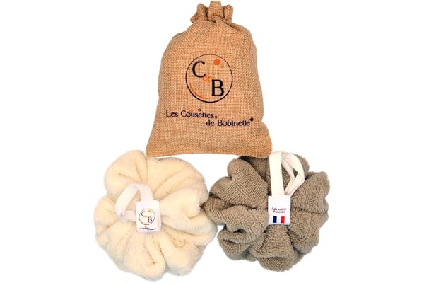 Lot de 2 fleurs de douche éponge de bain éponge pour le corps extra douce bambou durable (Écru Cappuccino)