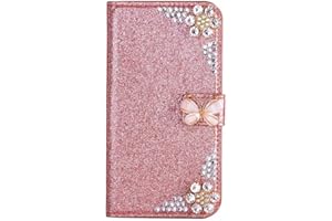 KRJCSFHY Samsung Galaxy S22 Ultra Phone Case, Bling Flower Gems Diamond PU Leather Flip Wallet Cases Sparkly Crystal Rhinestone Cover with Magnetic Buckle Card Slot Stand for Samsung Galaxy S22 Ultra Rose gold