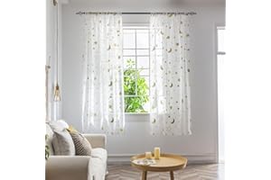 BOYOUTH Stars and Moon Pattern Sheer Voile Curtains for Window Decorations,Rod Pocket Curtains and Drapes for Bedroom,Study,Living Room,Gold,2 Panels,53 x 71 Inches