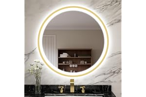 STARLEAD 600 mm Round-Bathroom-Mirror-with-LED-Lights, Bluetooth, LED-Bathroom-Wall-Mirror with Anti-Fog, 3 Colors Dimmable, Memory Function, HD Tempered Glass, IP44, Gold (Spray-Painted, Not Metal)