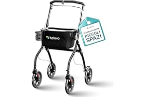 Helavo deambulatore per anziani per casa pieghevole con vassoio - Rollator deambulatore 4 ruote per interni - Ultraleggero, stretto, regolabile, con freni, cestino, portabicchieri