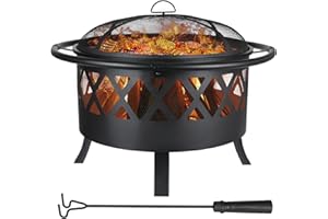TLSUNNY Garden Fire Pit, Diameter 81cm Fire Bowls, with Spark Protection and Poker, Fire Basket with Grill Grate (Diameter 58 cm), Large Outdoor BBQ Fire Pit, Black