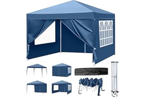 LEADZM 3x3m Tonnelle de Jardin Pliable,Pop-up Barnum,Réglable en Hauteur, Imperméable,Protection UV 50+,avec 4 Côtés,Cadres en Acier,Convient pour la Fête, l'extérieur,Patio,Camping,Bleu