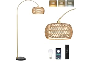 ‎RAYOFLY Rayofly Gold Bogenlampe Wohnzimmer Stehlampe, Modern Stehlampe mit Rattan Lampenschirm, Boho Stehlampen mit Fernbedienung und LED-Glühbirne, App-Steuerung, Dimmbar Stehleuchte für Schlafzimmer Büro