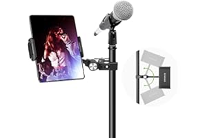 elitehood 2023 Newest Aluminum iPad Holder for Mic Stand, Side Mount iPad Music Stand Holder for Microphone, 360° Adjustable Mic Stand Tablet Holder for iPad, iPhone and More 4-13in Tablet