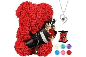 POHOMEGK Rose bear Mothers Gifts for Mum，Rose Bear Gifts for her Rose Flower Bear Teddy Bear with Box I Love You Necklace 100 Languages Beautiful Gift for Mum