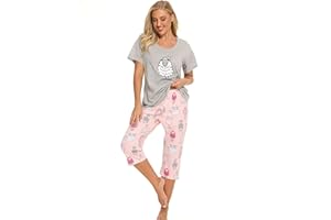 Jecarden Zestaw piżamy, damska koszula nocna, zestaw bawełniany, krótka koszula nocna, dwuczęściowa koszulka z krótkim rękawem i długie spodnie do spania