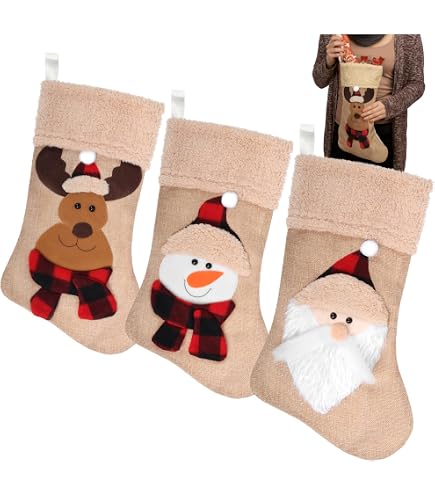 Lot De 3 Chaussettes De Noël à Suspendre - 25x17 Cm, Motifs Père Noël, Renne, Bonhomme De Neige - Décoration Cheminée, Sapin - 3