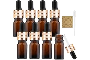 Alledomain 8Pcs, 15Ml Amber Glass Bottles with Dropper Pipettes, Mini Empty Dropper Bottles Frosted Gold Aluminum Alloy Cap Refillable Sample Container for Essential Oils/Massage Oils/Chemical Liquid