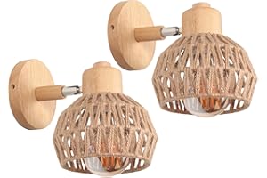 iDEGU Lot de 2 Appliques Murales Intérieures 15CM Lampe Murale Réglable en Bois et Corde de Chanvre Décoration Rétro E27 Luminaire Applique Vintage pour Chambre Salon Couloir Restaurant Café Bar
