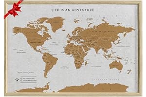 Splosh Mappa del mondo da scrivania, bacheca in sughero con cornice in legno bianco, con 100 perni in 2 colori per segnare le tue avventure passate e future, mappe del mondo incorniciate per scrivanie