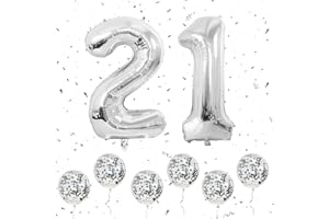OUSUGA Number 21 Balloons Silver, 40Inch Large Foil Number 1 & 2 Balloons with 6 Silver Confetti Helium Balloons, 21st 12th Birthday Balloon for Girls Boys Party Romantic Occasions Anniversary Decorations