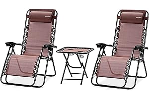 SereneLife Set de 2 Chaises Pliantes - Chaise Longue Réglable pour Extérieur avec Table Latérale, Porte-Gobelets, Oreillers Amovibles - Patio, Jardin, Plage - Brun