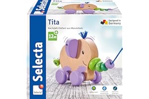 Selecta 62101 Tita, Nachzieh-Elefant, Schiebe-und Nachziehspielzeug aus Holz, 14 cm