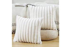 Madizz Juego de 2 Fundas de Almohada Decorativas Felpa Funda de cojín Suave a Rayas para la Carcasa de la Almohada del Dormitorio del sofá Blanco Crema 60 x 60 cm
