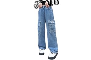 SEAUR Jeans da ragazza, a vita alta, con gamba larga, taglio in jeans, taglio strappato, stile vintage, Y2K, jeans lunghi con elastico in vita, 5-15 anni, A05# blu