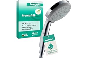 hansgrohe Croma 100 - ducha de mano ahorro de agua 9 l/min (EcoSmart), alcachofa de ducha con 4 tipos de chorro, cabezal de ducha redondo (⌀ 100 mm), con sistema antical, cromo, 28537000
