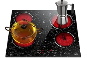 HOBSIR HOB Piano Cottura Vetroceramica 4 Zone Piano Cottura in Ceramica, Vetro Marmo, Sensor-Touch Control, Vetroceramica Piano Cottura Elettrico 60CM, 6000W, 9 Livelli di Potenza, Cablato, LH07