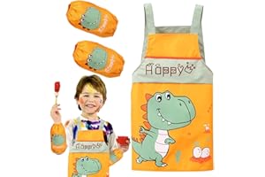 RUIJIE Delantal Niña Delantal Pintura Infantil Impermeable Delantales Cocina Delantal de Dinosaurio Niños 3-6Años Ajustable Delantal Artísticos con Bolsillos y Mangasv para Pintar Cocinar Hornear Jardín