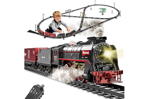Jouet Train Électrique Vapeur avec Telecommande - RC Train Electrique Enfant avec Fumé Lumières Son Ensemble de Jouets Cadeaux de Noël Anniversaire pour Enfants 3+ Ans